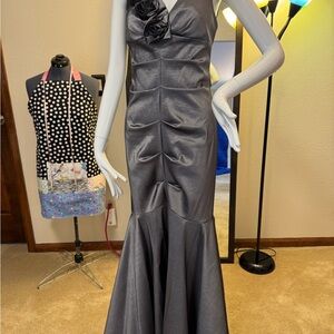 Gray Ruched Halter Prom Gown